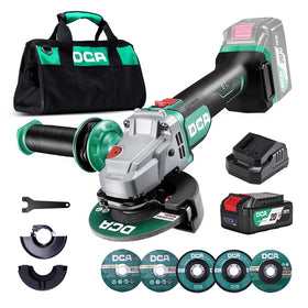 DCA cordless angle grinder kit box ready for quick setup and fast work