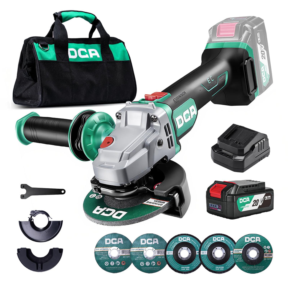 DCA cordless angle grinder kit box ready for quick setup and fast work