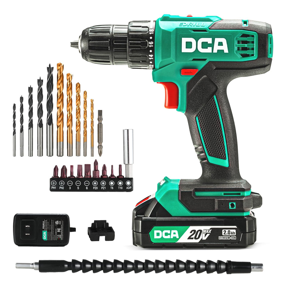 DCA cordless drill set with 2.0Ah battery for extended run time.