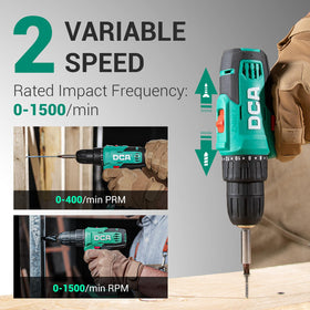 DCA drill with 3/8-inch keyless chuck enables fast bit changes.