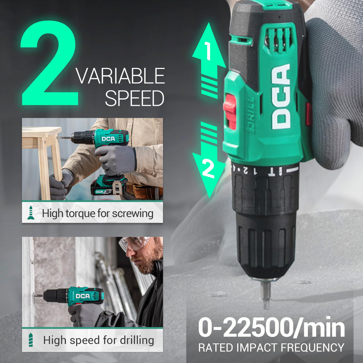 DCA 2-speed control enables precision or high-speed drilling.