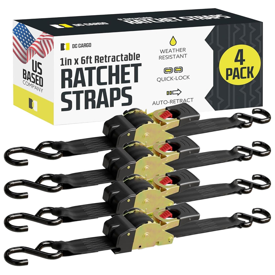 DC Cargo Mall auto retractable ratchet strap in use securing cargo safely on a trailer