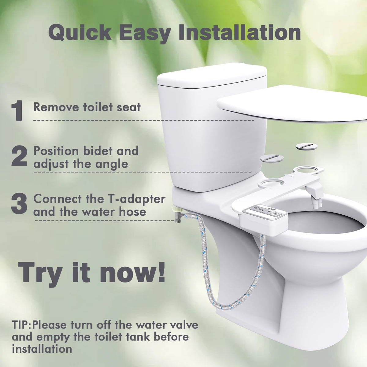 Brass valve and stainless hose reduce leaks and wear on DCET bidet
