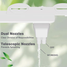 Dual wash nozzles provide rear and feminine cleansing options