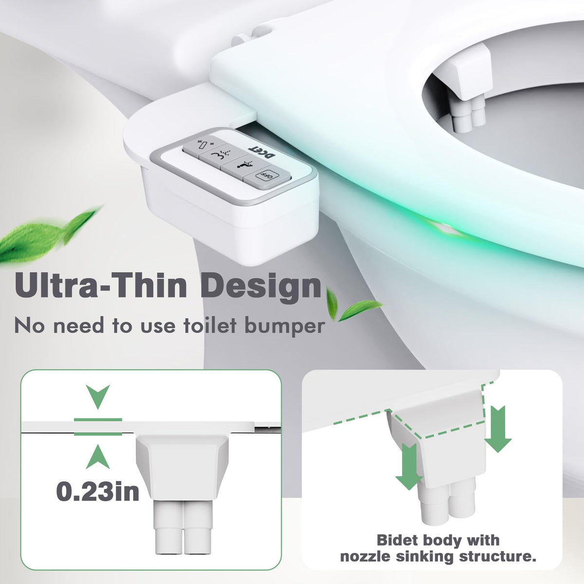 Self-cleaning nozzle on DCET bidet attachment for fresh use