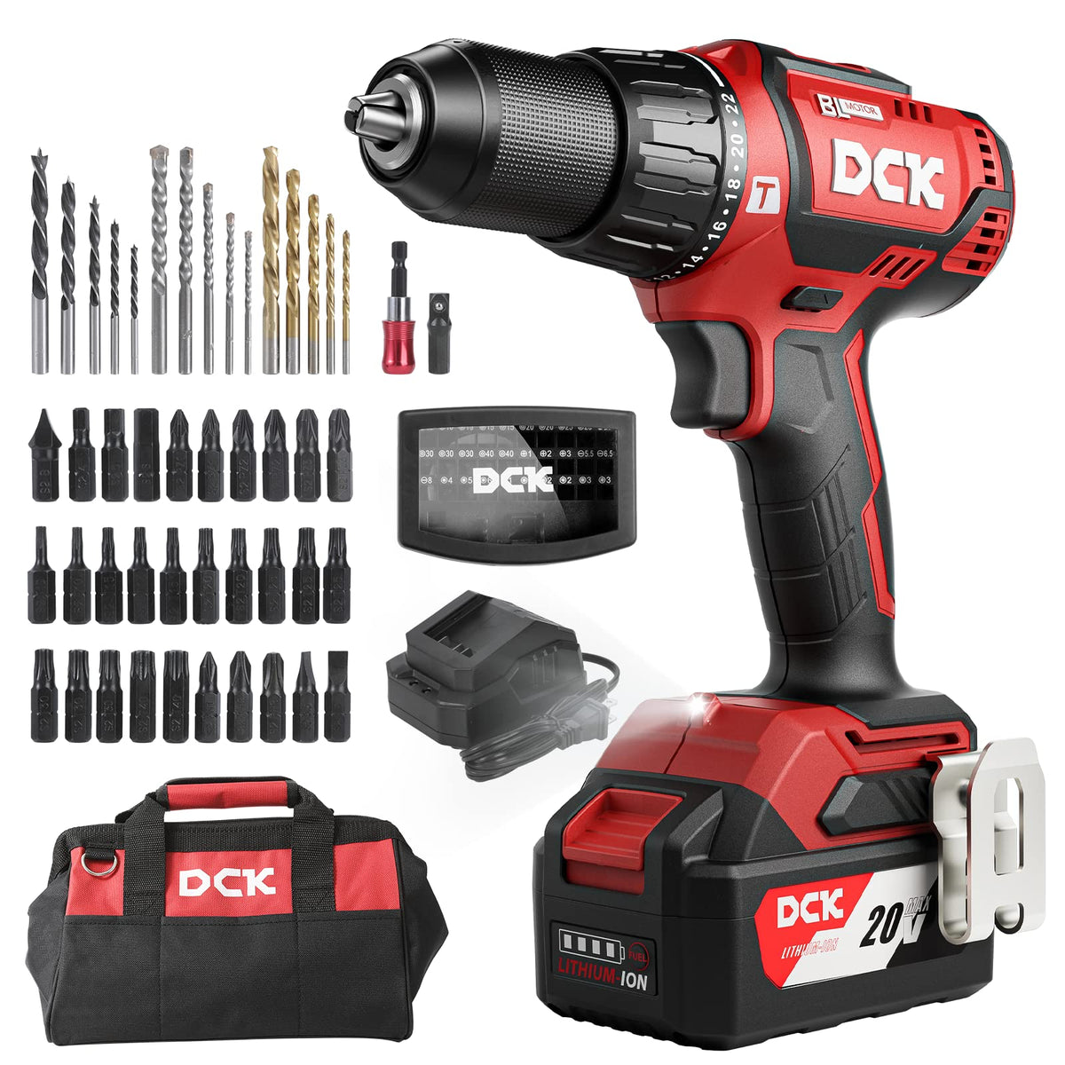 DCK 20V brushless hammer drill in action drilling masonry for tough projects