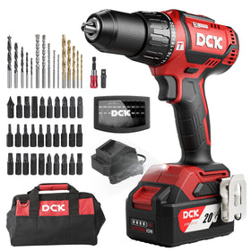 DCK 20V brushless hammer drill in action drilling masonry for tough projects