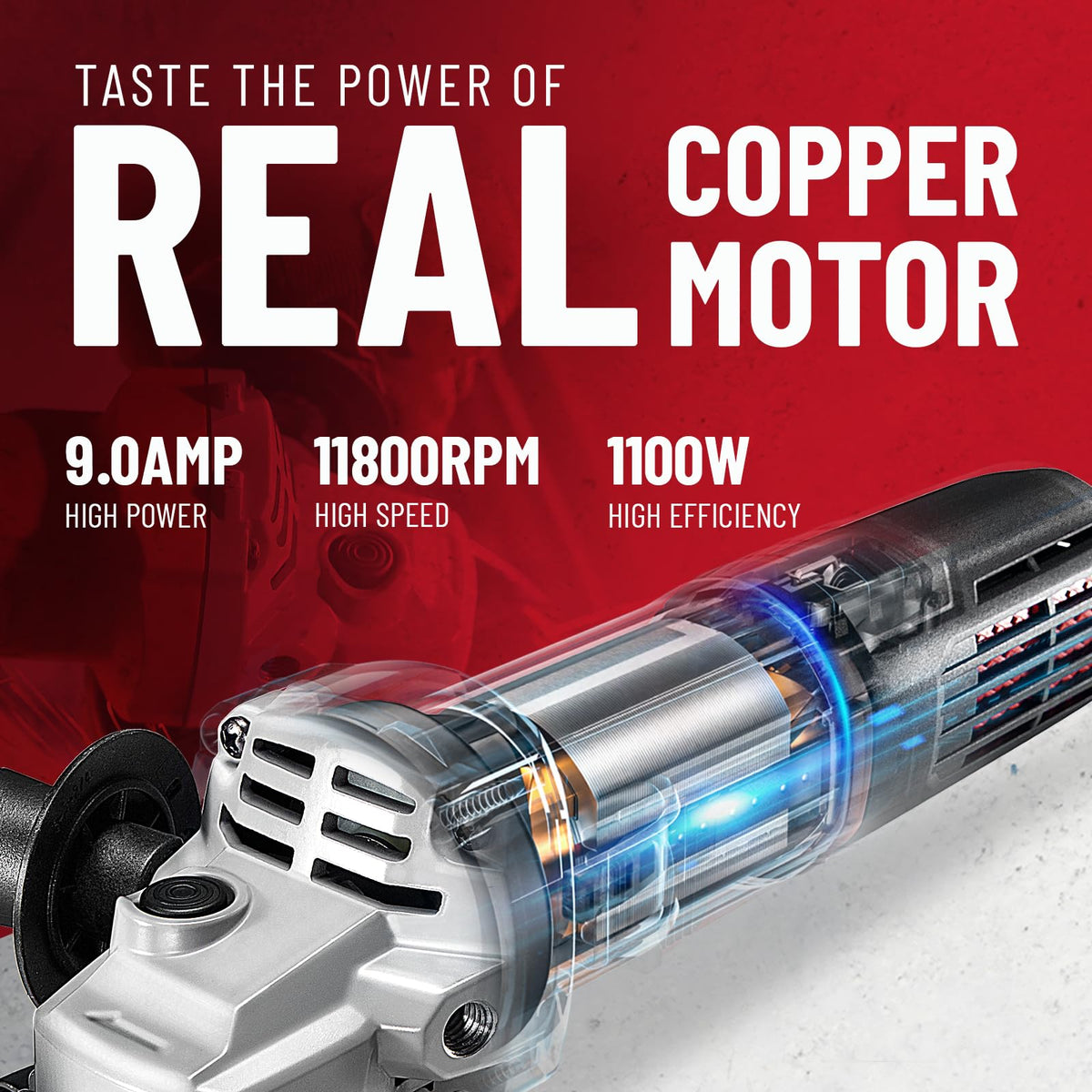 DCK angle grinder with two-position side handle for improved grip and control