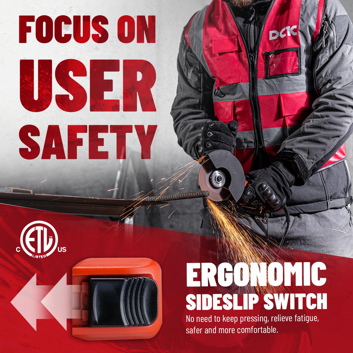 DCK Angle Grinder spindle-lock enables quick wheel changes.