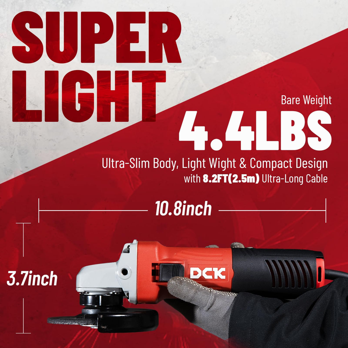 DCK Angle Grinder two-position side handle enhances control.