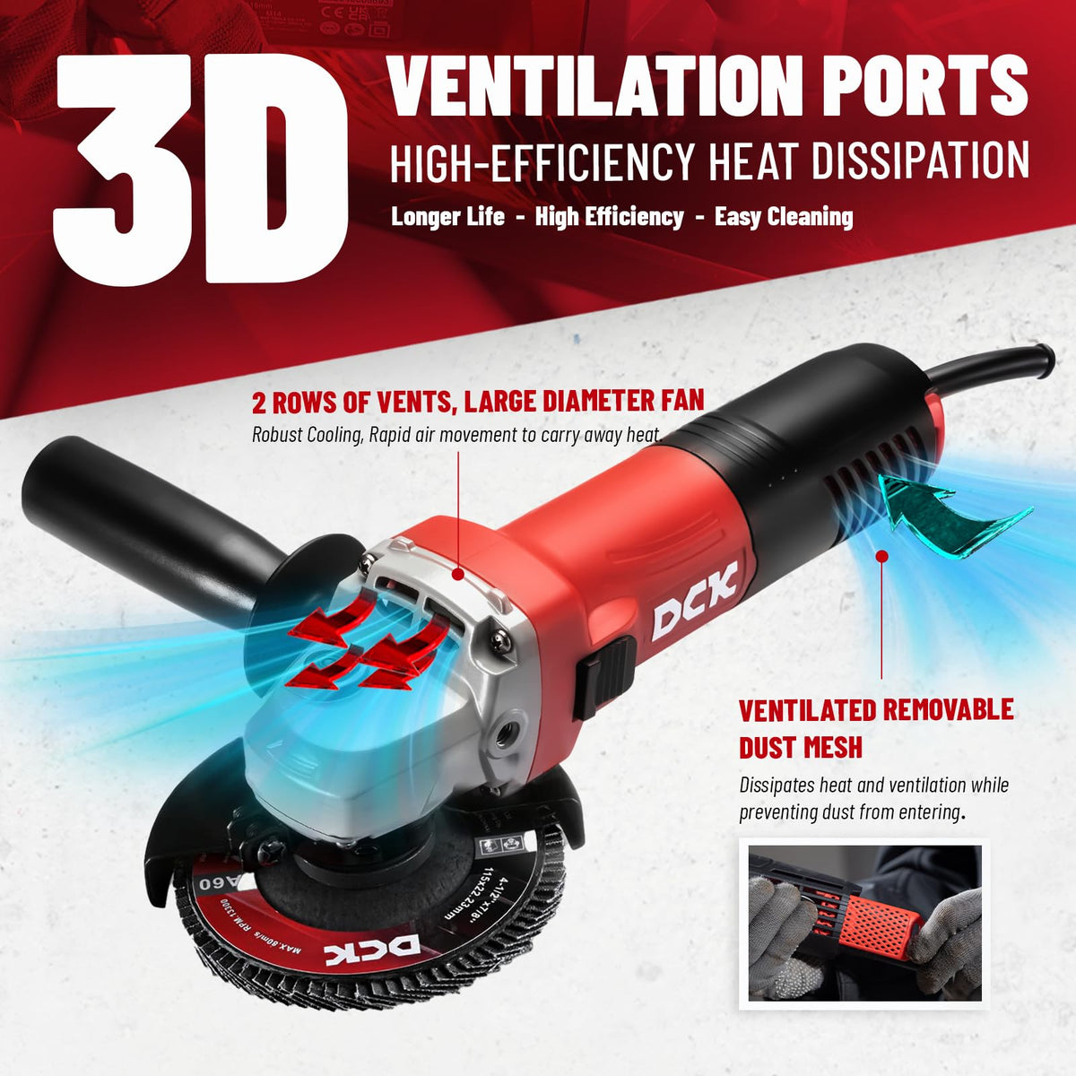 DCK Angle Grinder with two safety guards for debris protection.