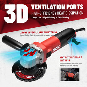 DCK Angle Grinder with two safety guards for debris protection.