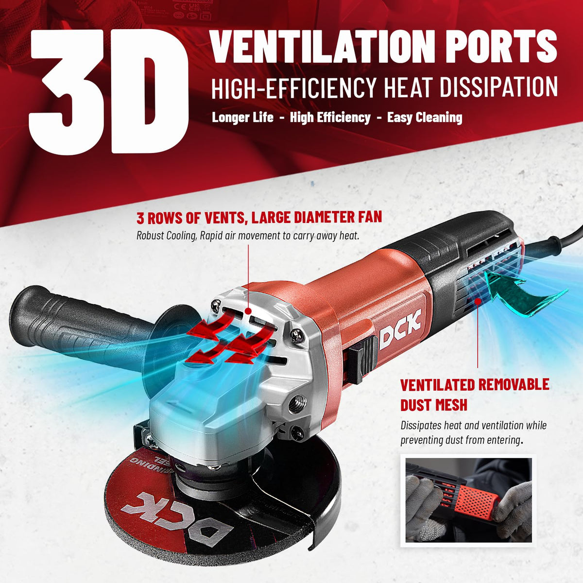 DCK corded angle grinder with spindle lock enabling quick wheel changes