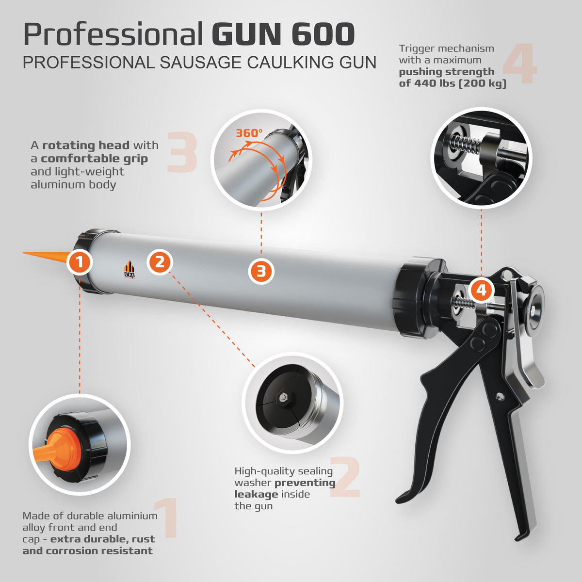 DCP Professional Gun 600 rotating barrel enables easy application from any angle