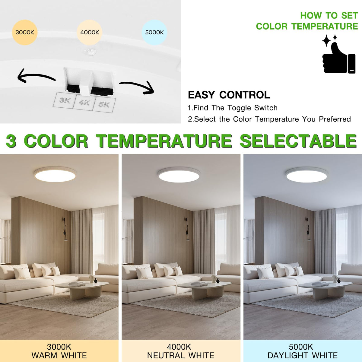 Dcvoltfield 12-Inch flush mount ceiling light 3000K warm white