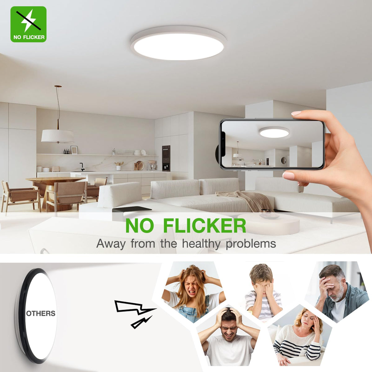 Dcvoltfield flicker-free ceiling light for comfortable evenings