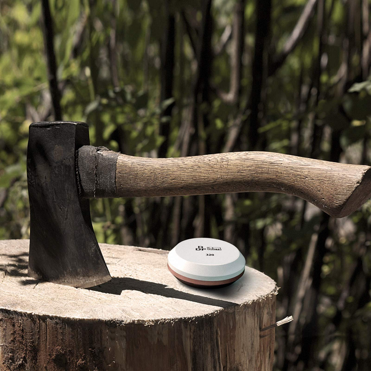 DDF iohEF stone in use on an axe for quick edge refresh