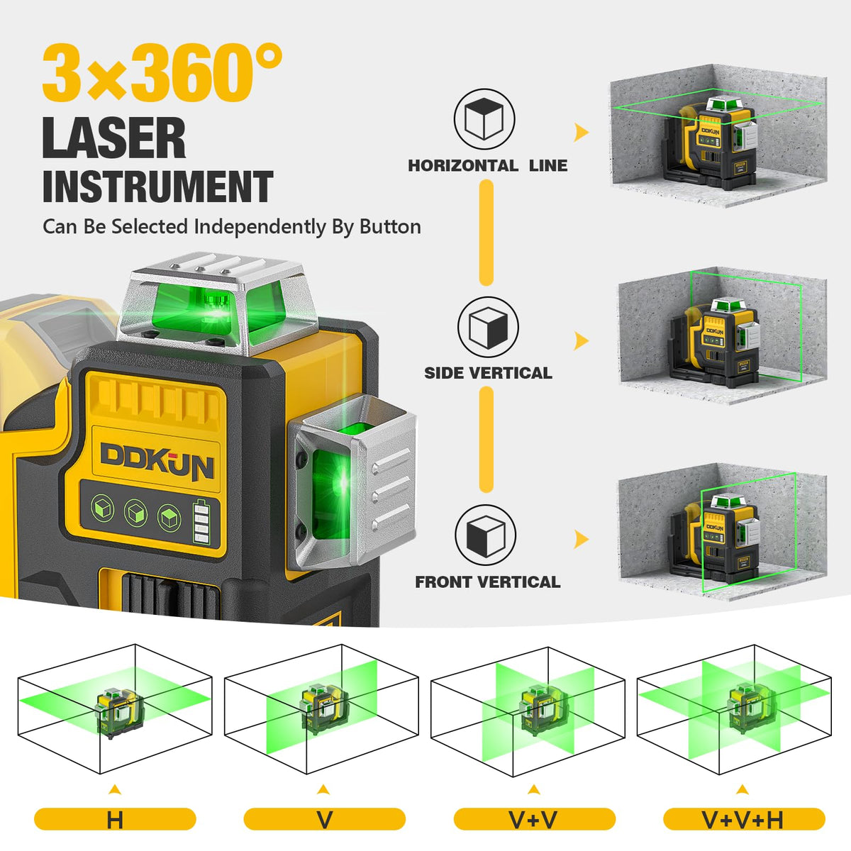 DDKUN laser level green laser brightness for outdoor visibility.