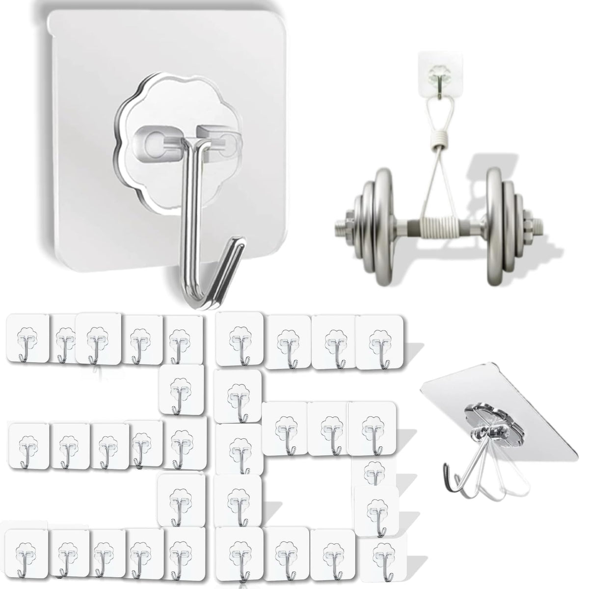 DDMY 36-pack heavy-duty hooks with discreet self-adhesive design for versatile hanging.