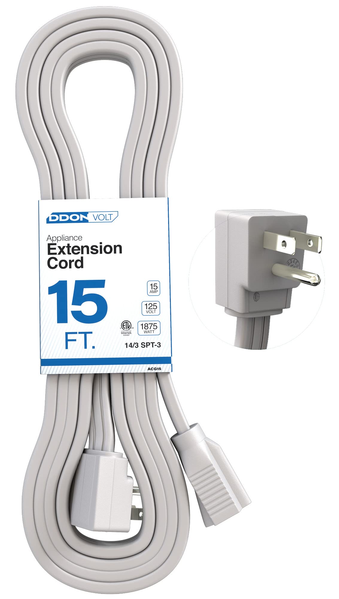 DDON USA appliance extension cord with flat end wall plug for tight spaces and easy setup.