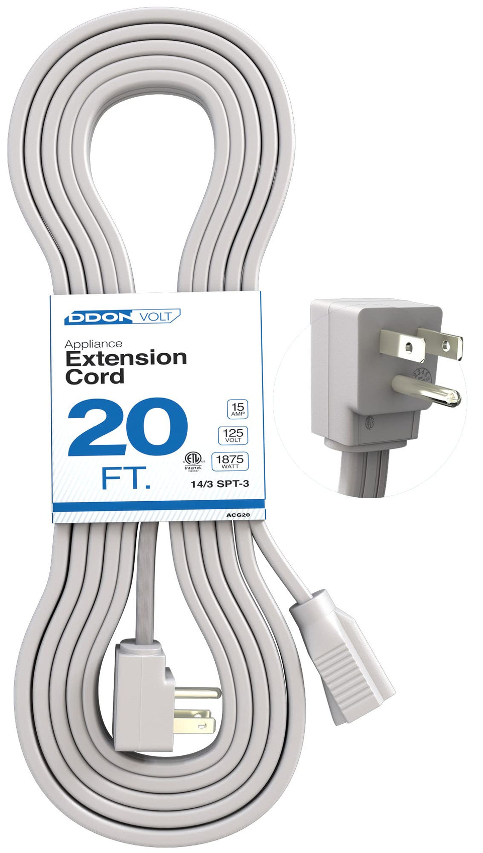DDON USA 20ft gray appliance extension cord powering major appliances indoors