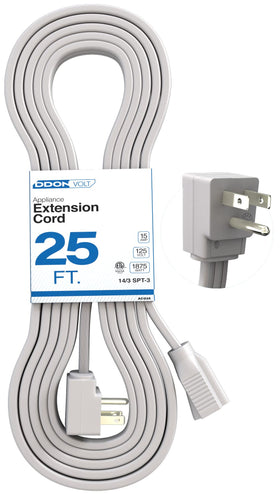 DDON USA appliance extension cord with 25ft length and angle plug for tight spaces.