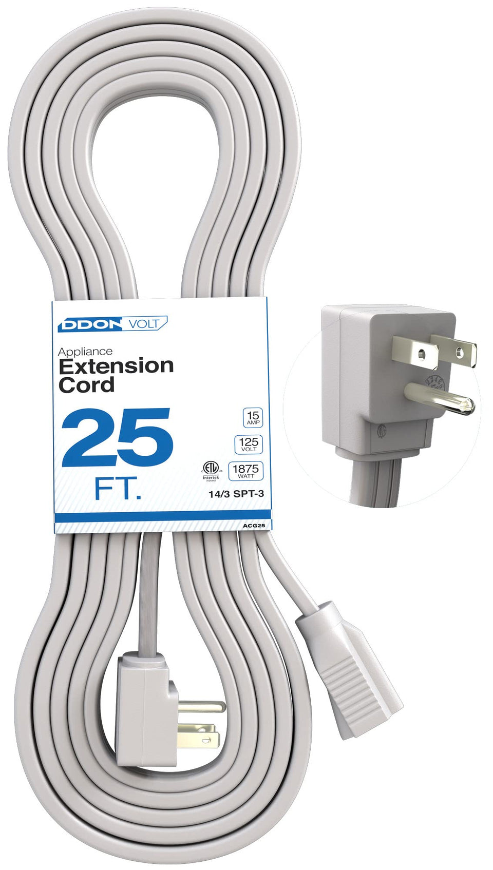 DDON USA appliance extension cord with 25ft length and angle plug for tight spaces.