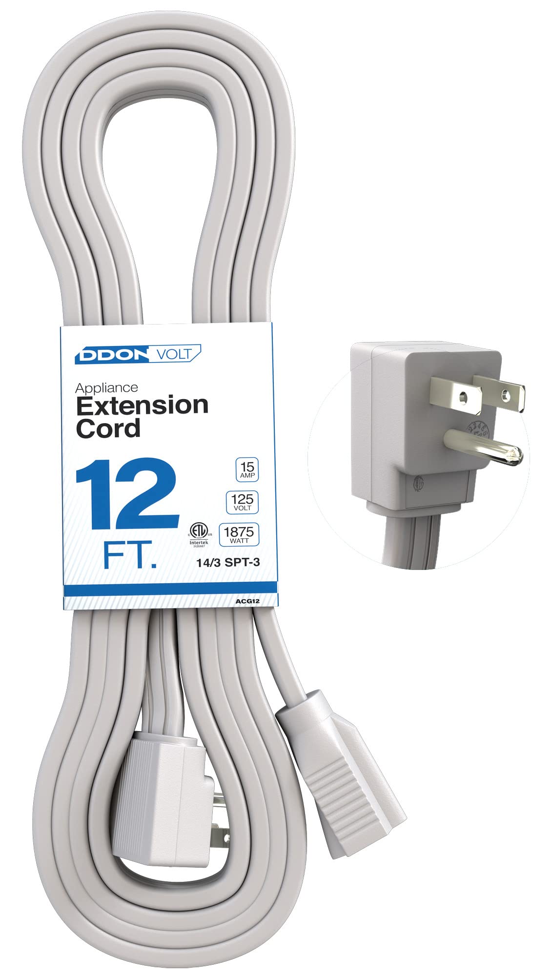 DDON USA appliance extension cord with a 90-degree plug for tight-wall installations.