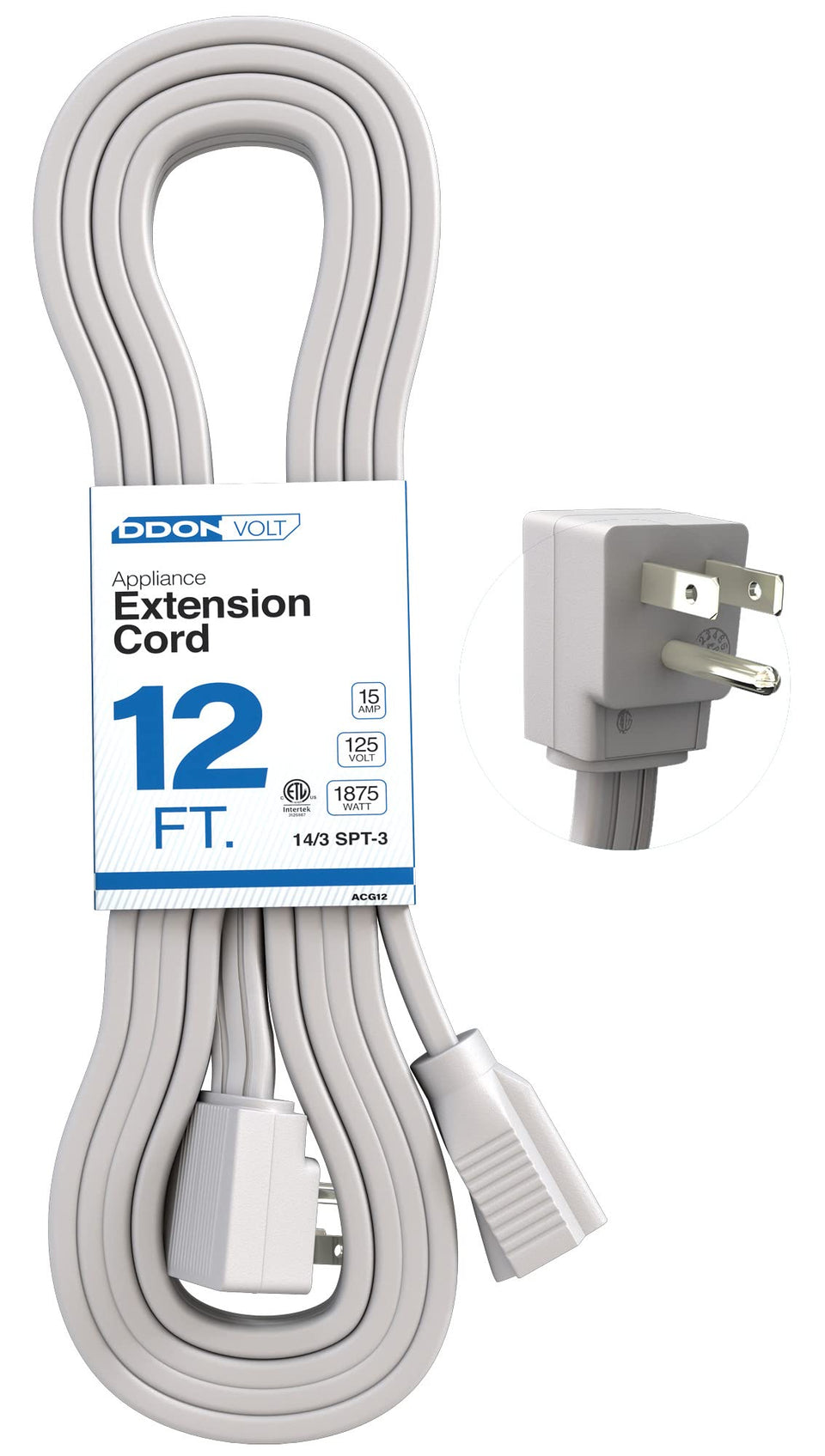 DDON USA appliance extension cord with a 90-degree plug for tight-wall installations.