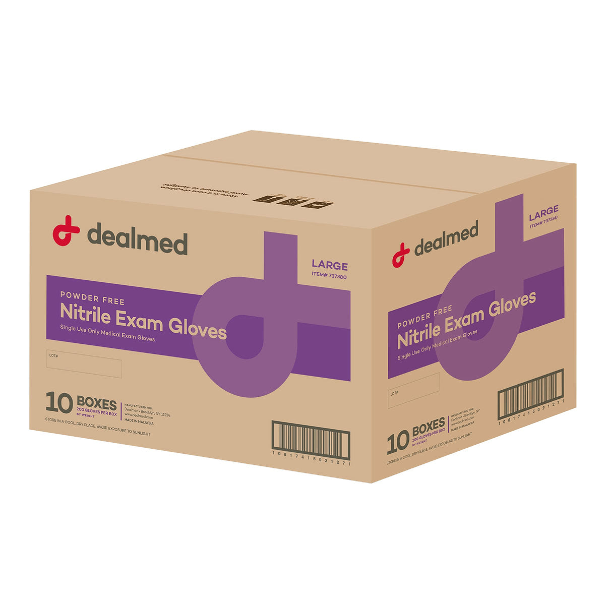 Dealmed nitrile exam gloves 2000-count box showcases secure packaging for quick access.