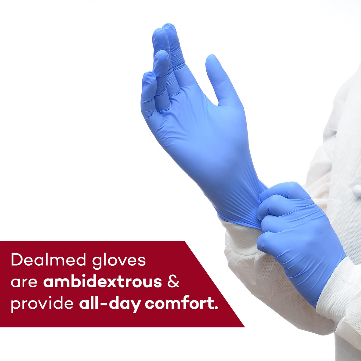 Dealmed nitrile gloves suitable for labs, clinics, home care and more.