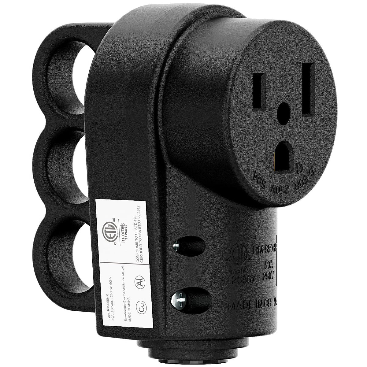 DEALTUS Nema 6-50R receptacle front view, sturdy black body for durable weld connections.