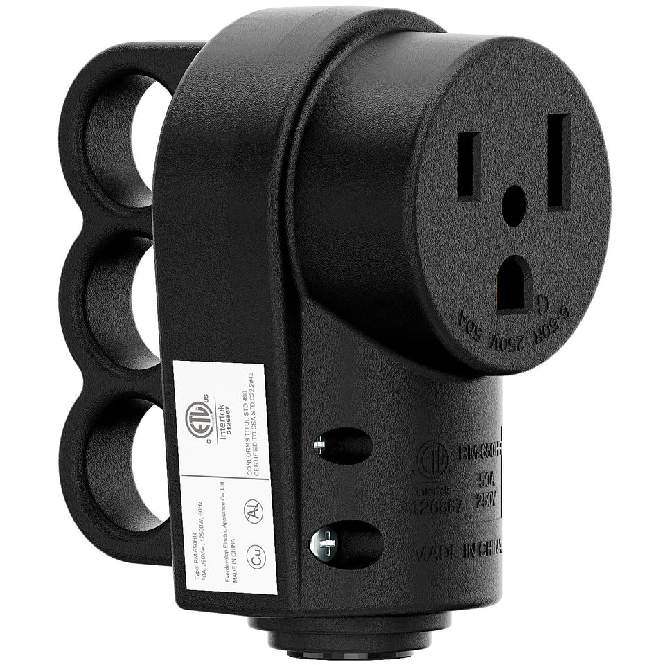 DEALTUS Nema 6-50R receptacle front view, sturdy black body for durable weld connections.
