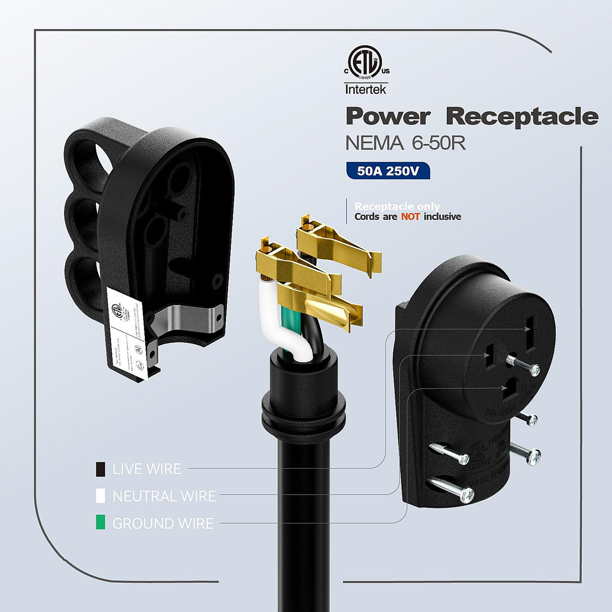 DEALTUS Nema 6-50R terminal detail highlights brass contacts for reliable power transfer.