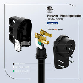 DEALTUS Nema 6-50R terminal detail highlights brass contacts for reliable power transfer.