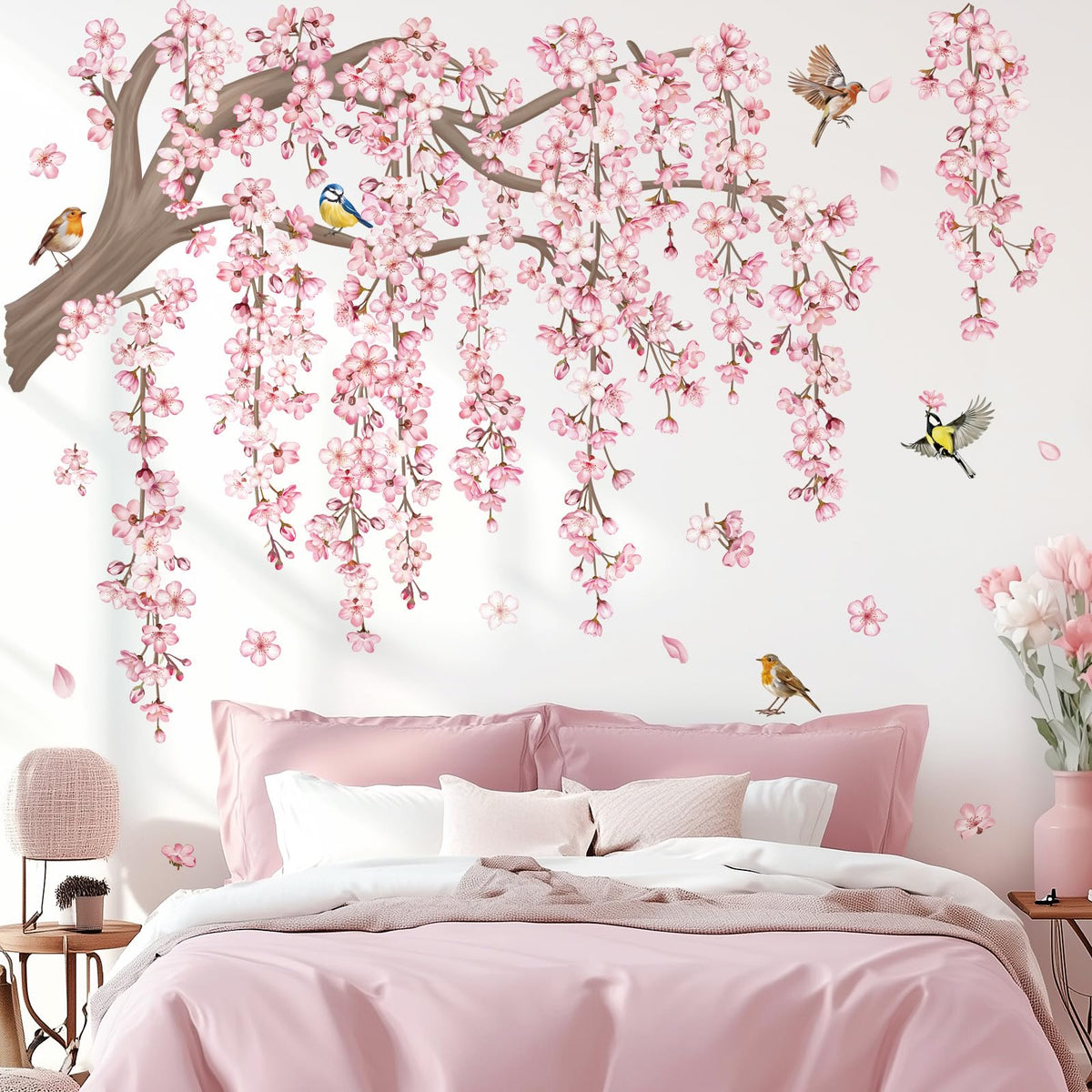DecalMile cherry blossom tree sticker creates a serene bedroom backdrop