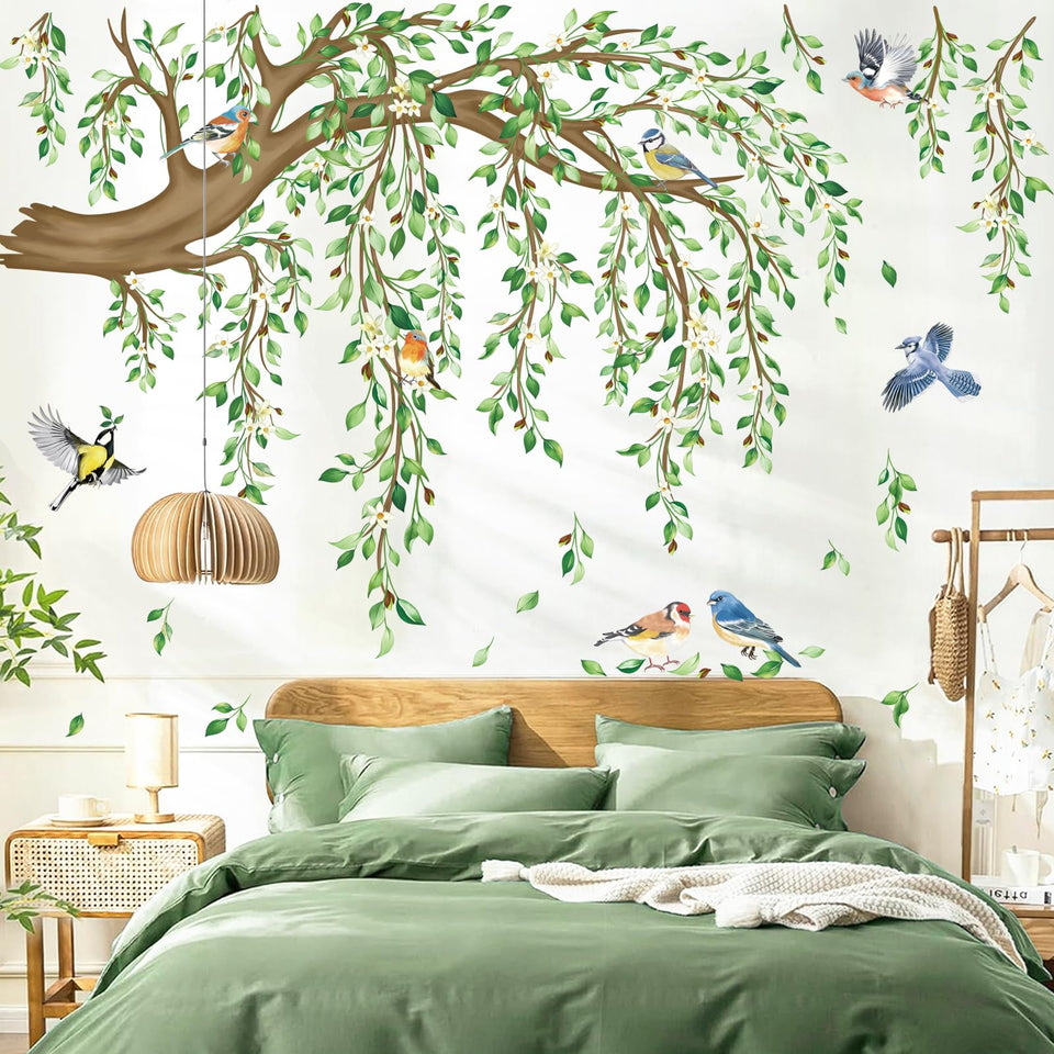 decalmile large hanging vine wall sticker with tree branch and green leaves, ideal for living rooms