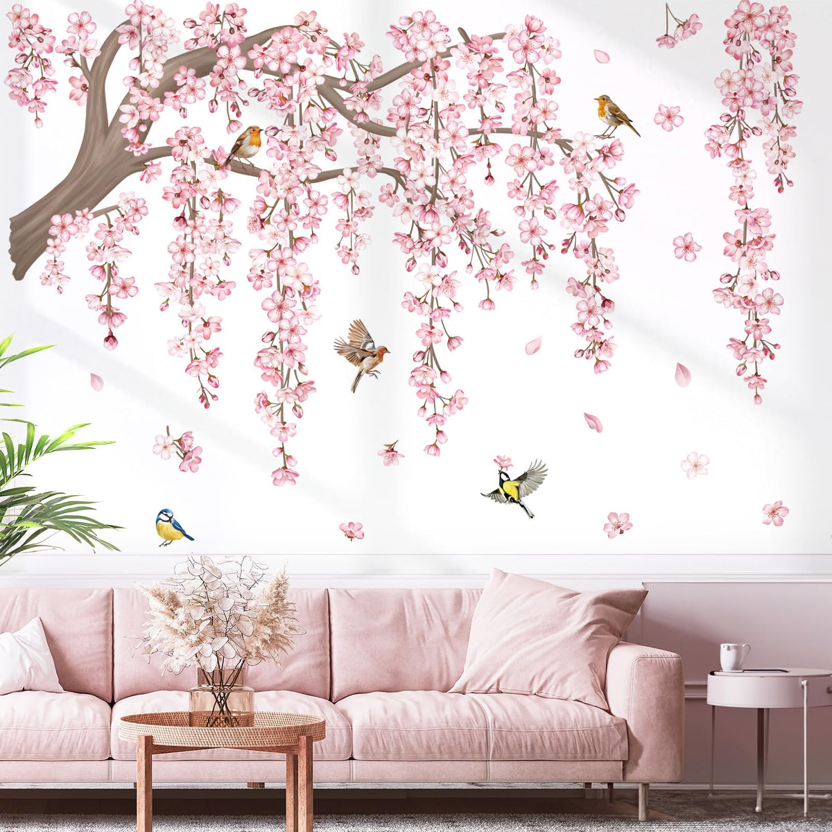 DecalMile large pink flower tree branch wall decal for living rooms, easy to apply