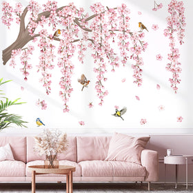 DecalMile large pink flower tree branch wall decal for living rooms, easy to apply