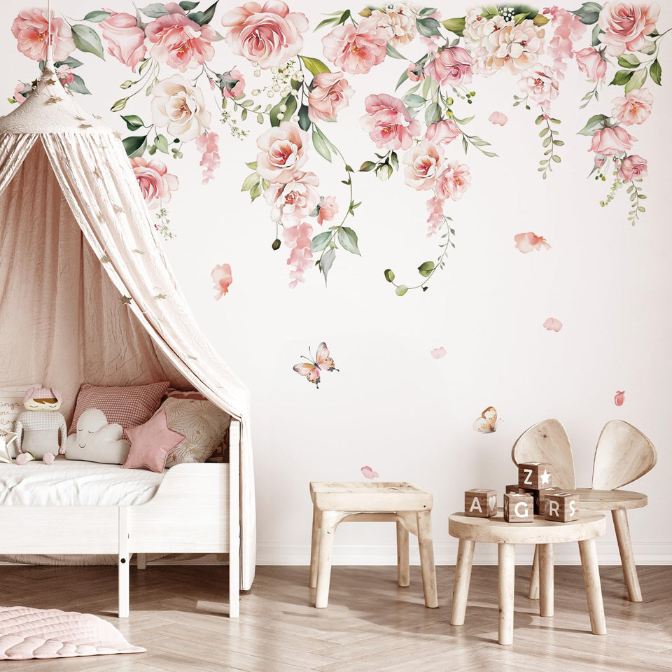 DecalMile large pink flower wall decal adds a soft focal point to living rooms.