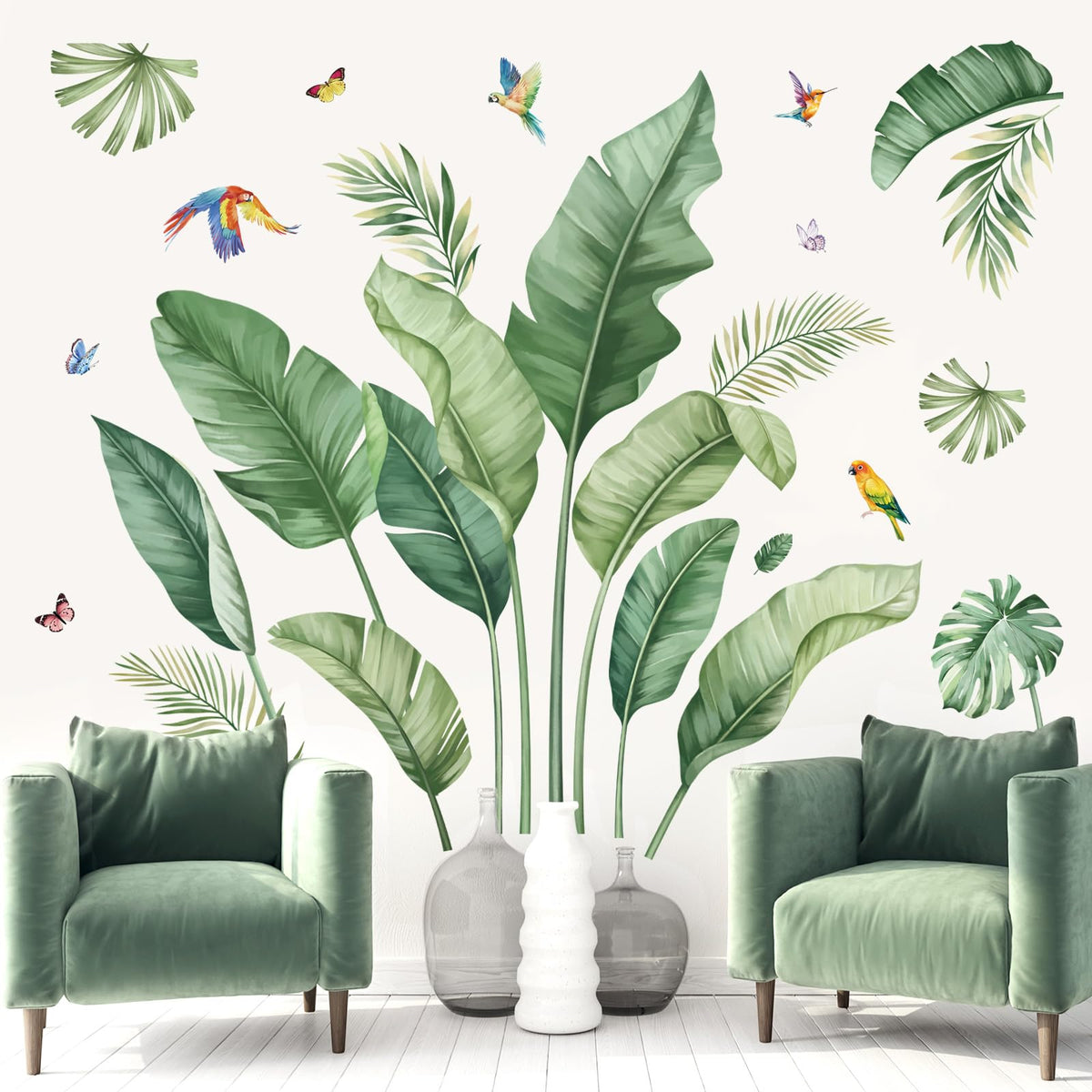 Decalmile tropical leaves wall art with birds enhances the sofa backdrop.