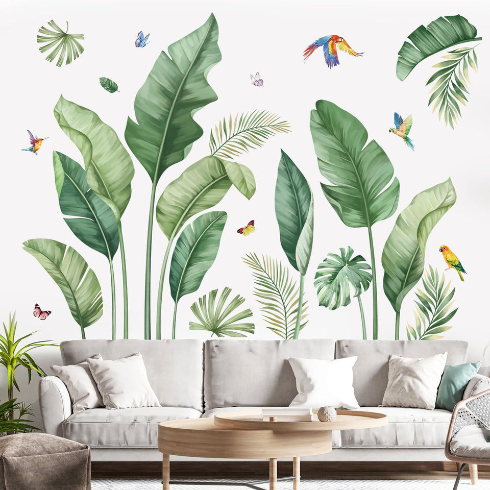 Decalmile tropical palm leaves wall decal adds vibrant greenery to your living room.