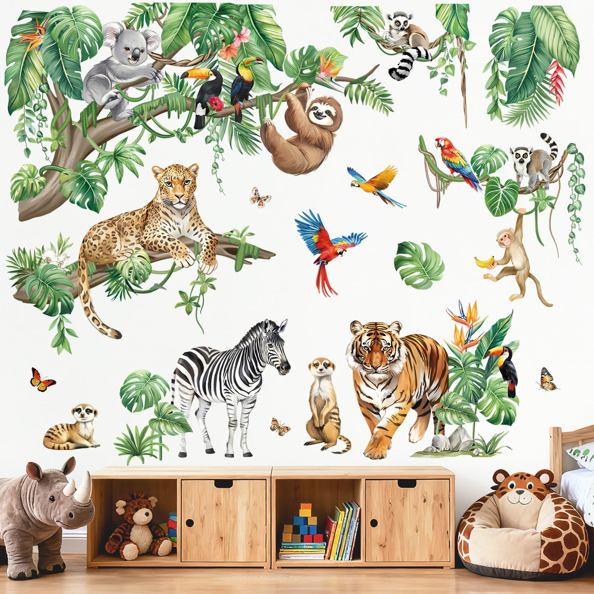 DecalMile XXL tropical leaves wall decal image, lush greenery for kids rooms, simple removal.