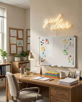 DECANIT Good Vibes neon sign enhances bedroom ambiance with warm glow