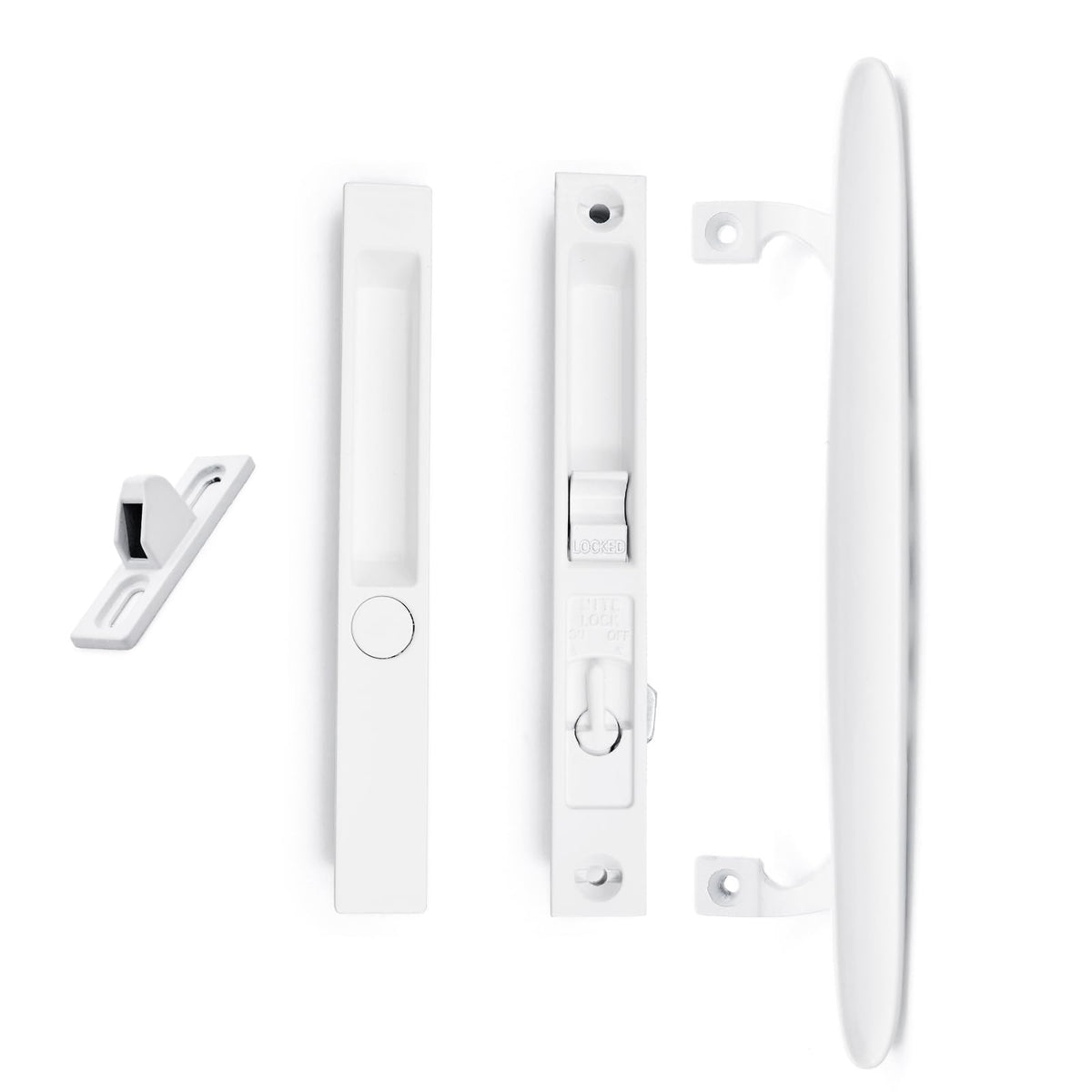 DECEBALUS flush-mount handle in white front view, durable for secure patio doors