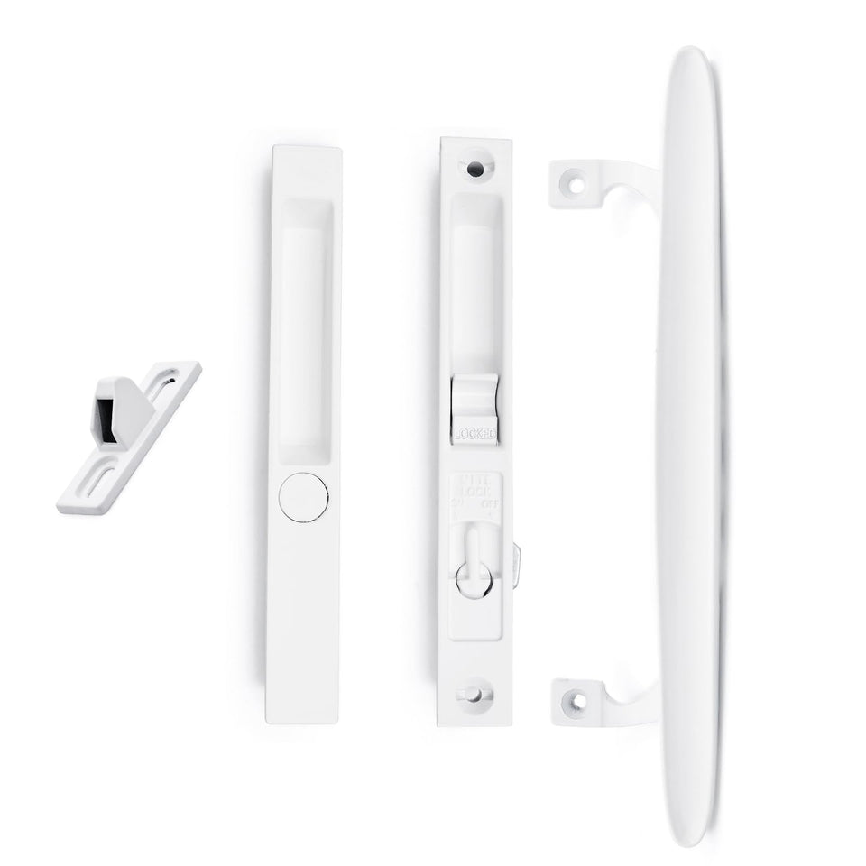 DECEBALUS flush-mount handle in white front view, durable for secure patio doors