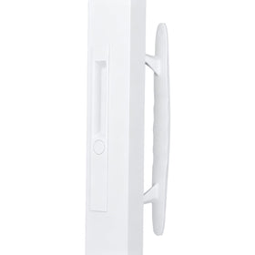 DECEBALUS patio door handle installed, white flush-mount example on glass door