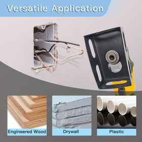 Deceptia square slot cutter cutting drywall outlet opening with universal tool fit.