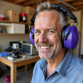 DECIBEL DEFENSE ear muffs in range use for shooting and construction