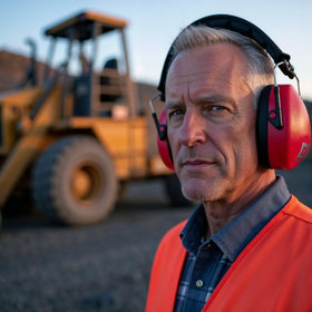 Packaging and carry case for Decibel Defense ear muffs.
